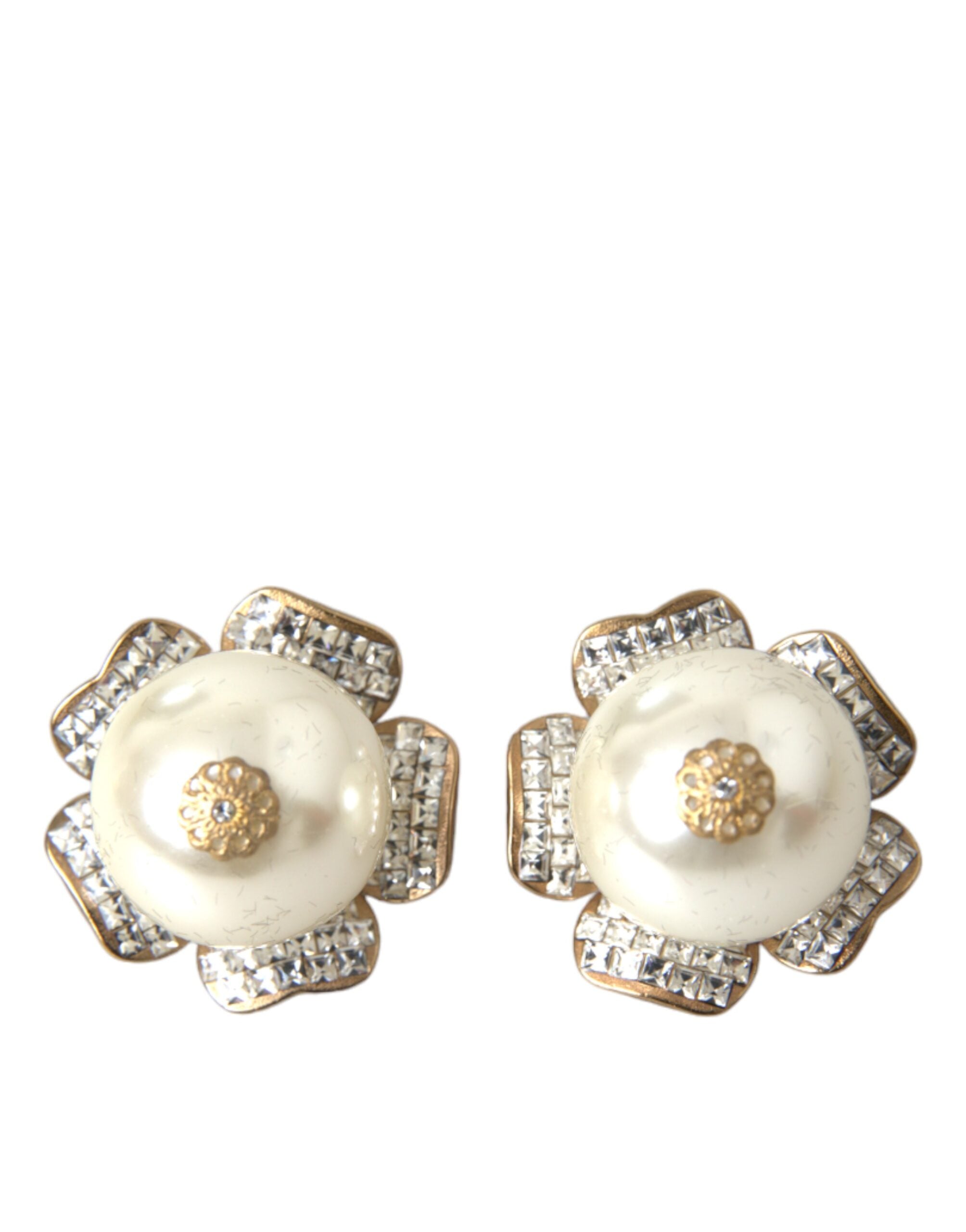 Dolce & Gabbana Gold Tone Maxi Faux Pearl Floral Clip-on Jewelry Earrings - view 2