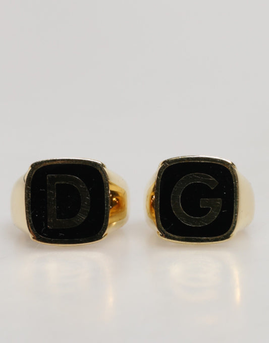 Dolce & Gabbana Gold-Tone Real Brass Black Enamel DG Adjustable Rings - YSONA