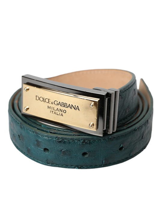 Dolce & Gabbana Green Leather Gold Logo Engraved Buckle Belt - YSONA
