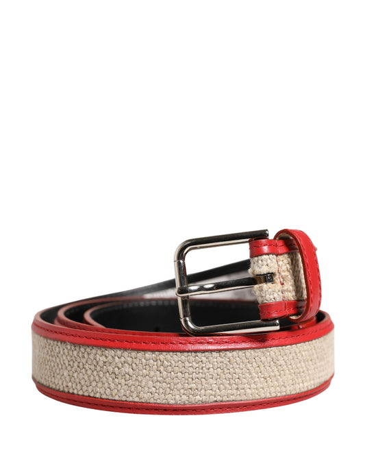 Dolce & Gabbana Men Beige Red Woven Leather Metal Buckle Belt - YSONA