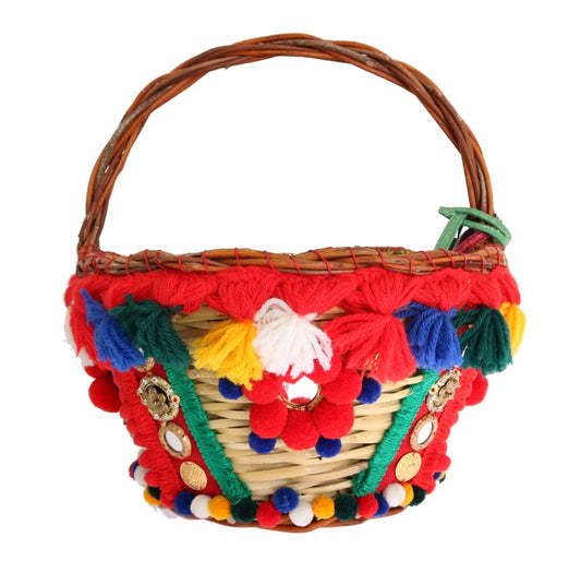 Dolce & Gabbana Multicolor AGNESE Straw Crystal  Pom Pom Bag - YSONA