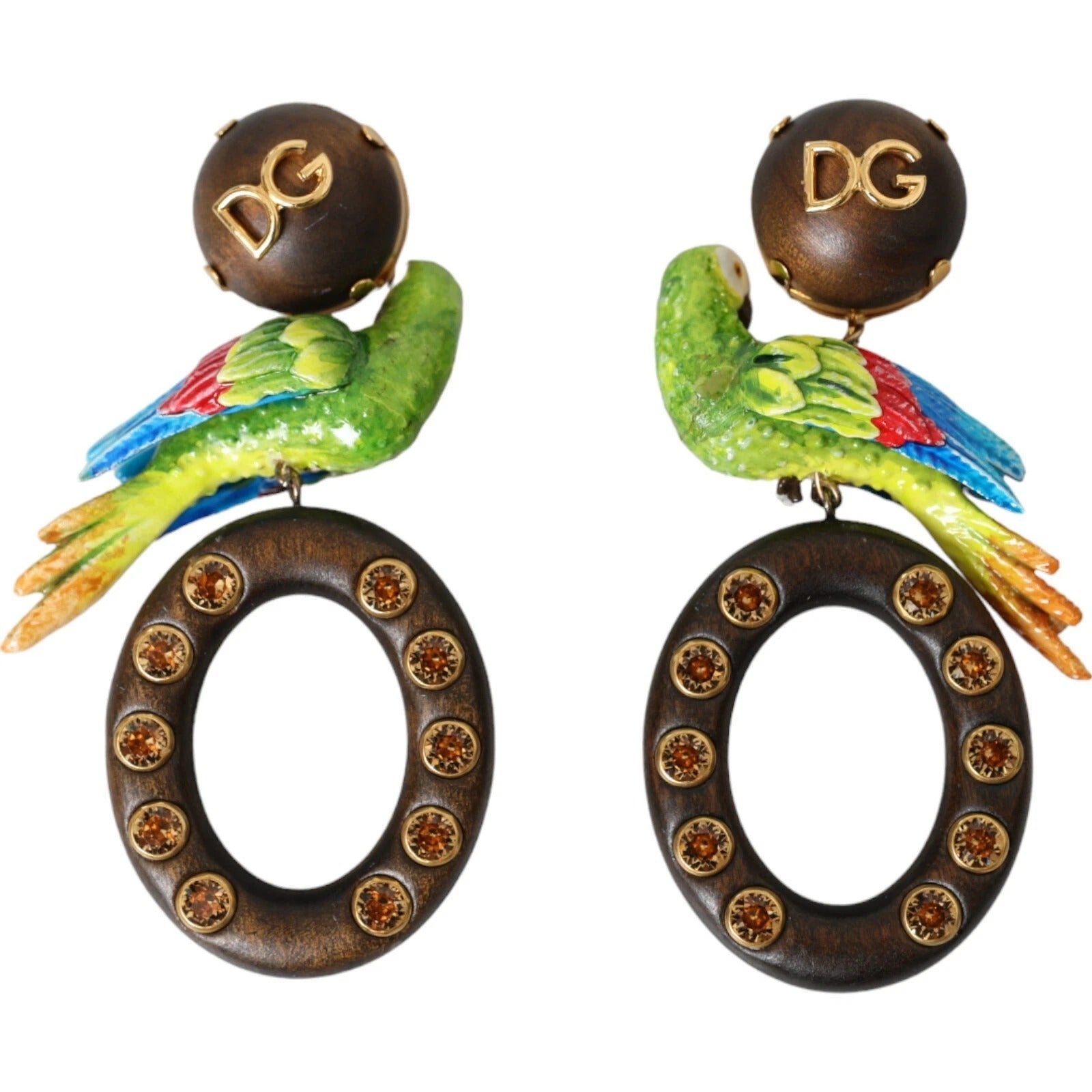 Dolce & Gabbana Multicolor Parrot Wood Brass Crystal Embellished Earrings - view 3
