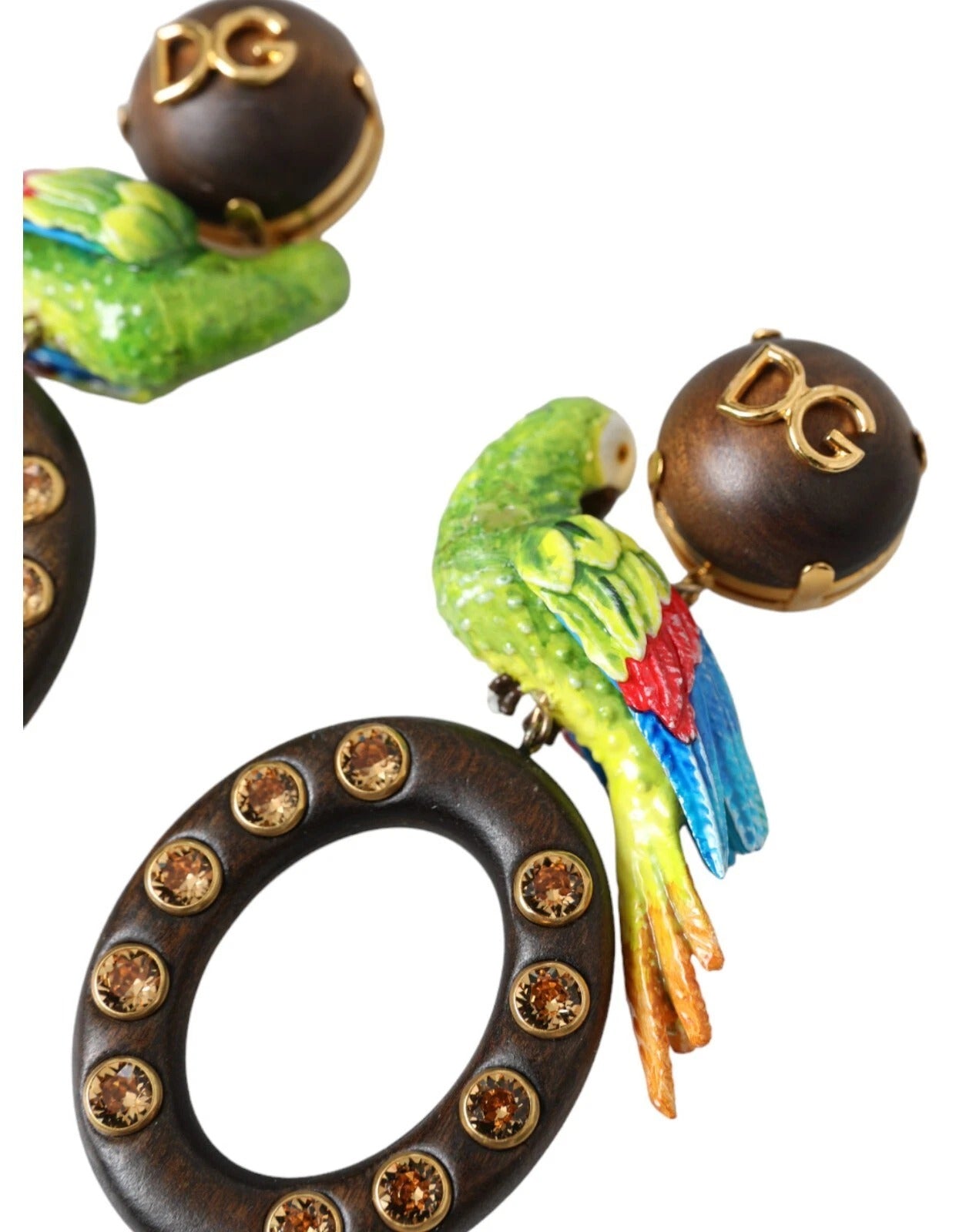 Dolce & Gabbana Multicolor Parrot Wood Brass Crystal Embellished Earrings - view 4