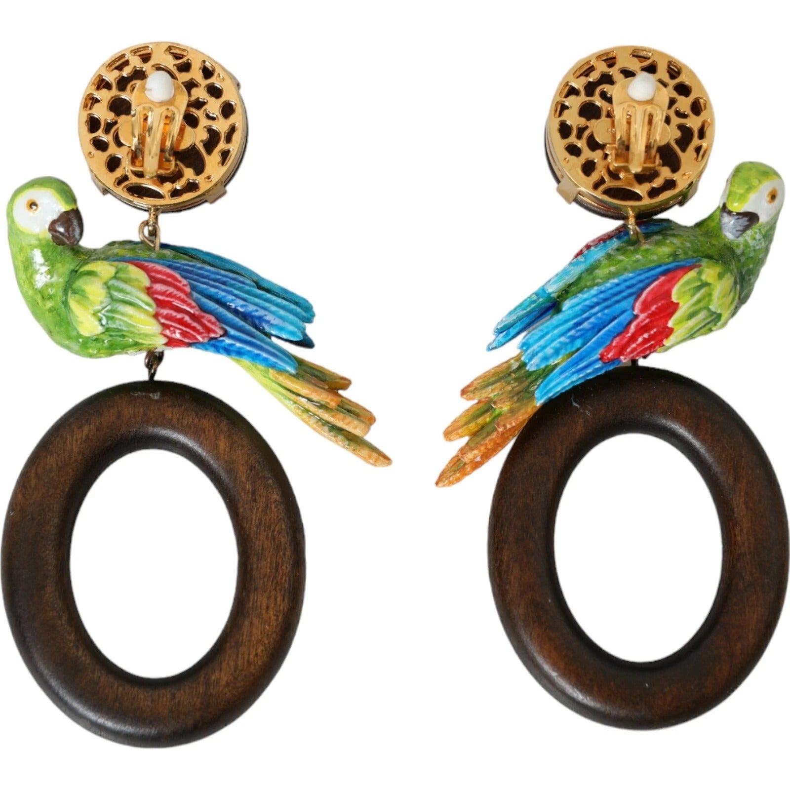 Dolce & Gabbana Multicolor Parrot Wood Brass Crystal Embellished Earrings - view 5