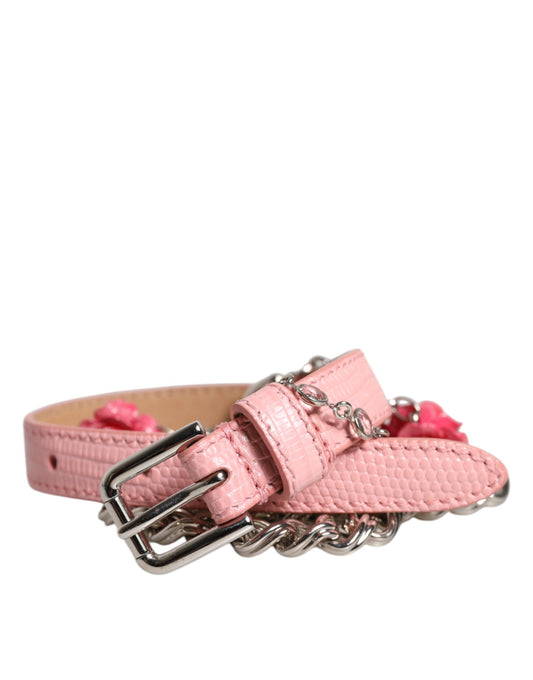 Dolce & Gabbana Pink Embelished Roses Textured Leather Belt - YSONA