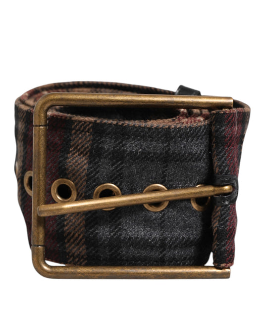 Dolce & Gabbana Plaid Fabric Logo Plate Brass Buckle Belt - YSONA