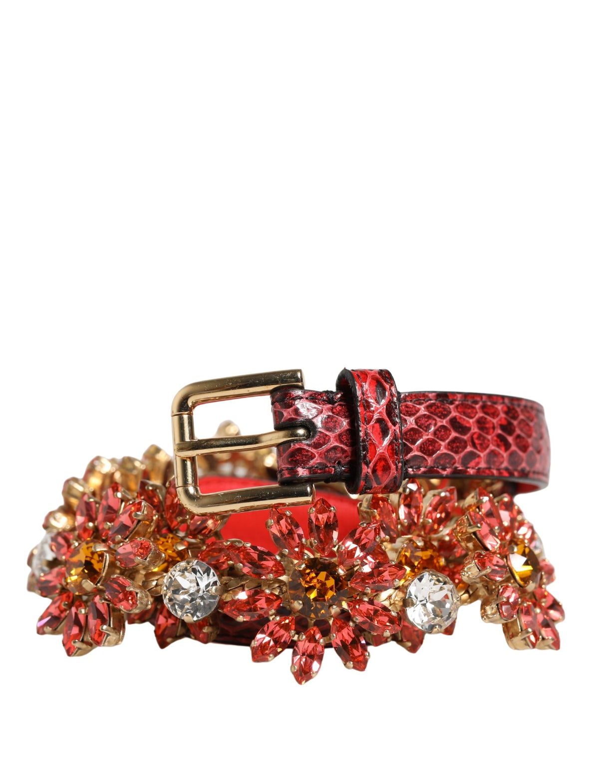 Dolce & Gabbana Red Leather Daisy Crystal Embellished Waist Belt - YSONA