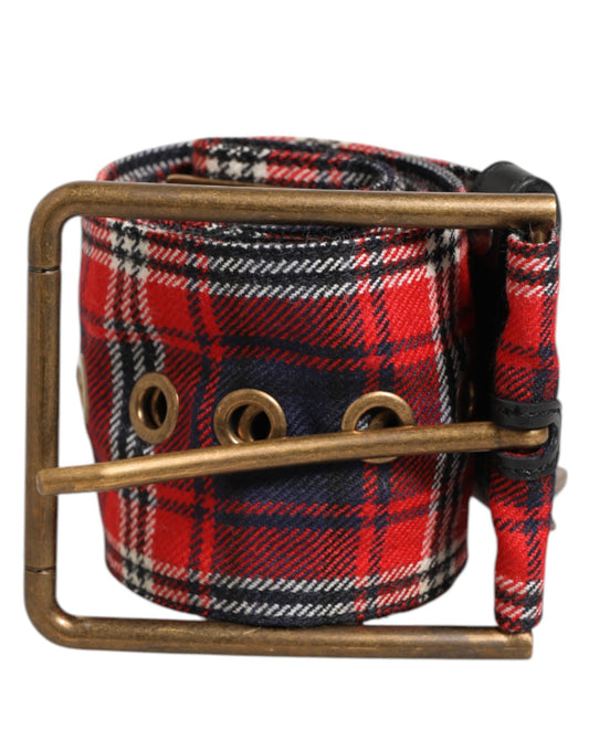 Dolce & Gabbana Red Plaid Fabric Logo Plate Brass Buckle Belt - YSONA