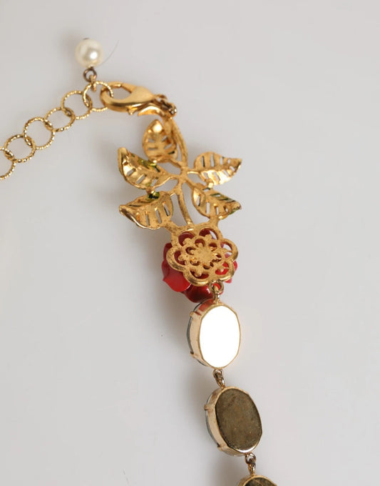 Dolce & Gabbana Red Rose Green Crystal Gold-Tone Chain Necklace - YSONA