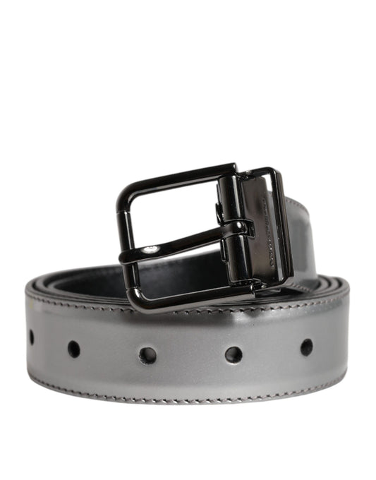 Dolce & Gabbana Silver Leather Classic Metal Logo Buckle Belt - YSONA