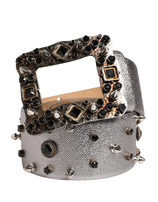 Dolce & Gabbana Silver Leather Crystal Metal Buckle Belt - YSONA