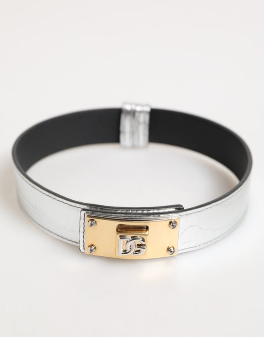 Dolce & Gabbana Silver Textured Leather Gold Tone Metal Neckband - YSONA