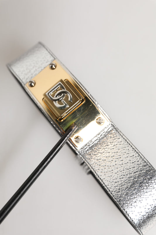 Dolce & Gabbana Silver Textured Leather Gold Tone Metal Neckband - YSONA