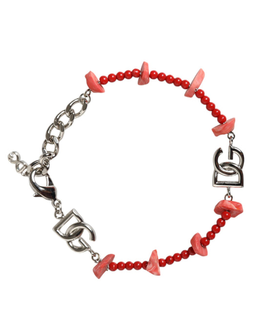 Dolce & Gabbana Silver Tone Brass Beaded Resin DG Logo Chain Bracelet - YSONA