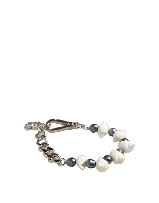 Dolce & Gabbana Silver Tone Brass Beaded Shell DG Logo Pendant Bracelet - YSONA