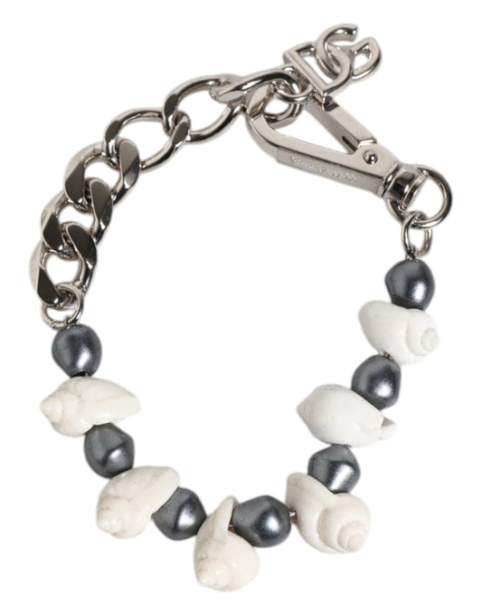 Dolce & Gabbana Silver Tone Brass Beaded Shell DG Logo Pendant Bracelet - YSONA