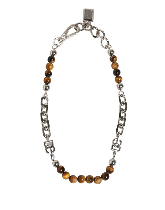 Dolce & Gabbana Silver Tone Brass Chain Beaded Gem DG Logo Bracelet - YSONA