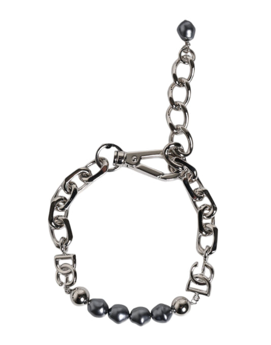 Dolce & Gabbana Silver Tone Chain Lobster Clasp Logo Gray Pearls Bracelet - YSONA