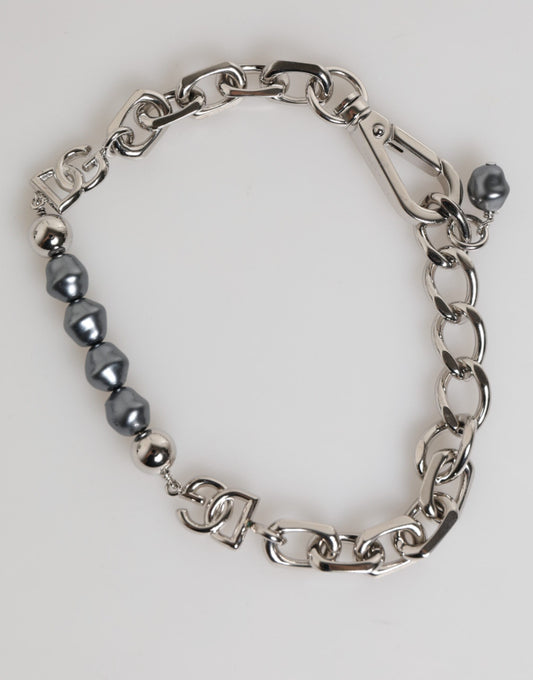 Dolce & Gabbana Silver Tone Chain Lobster Clasp Logo Gray Pearls Bracelet - YSONA