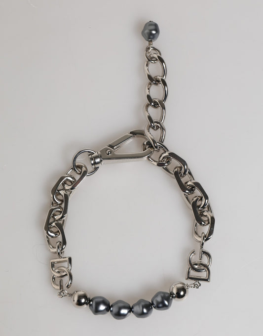 Dolce & Gabbana Silver Tone Chain Lobster Clasp Logo Gray Pearls Bracelet - YSONA