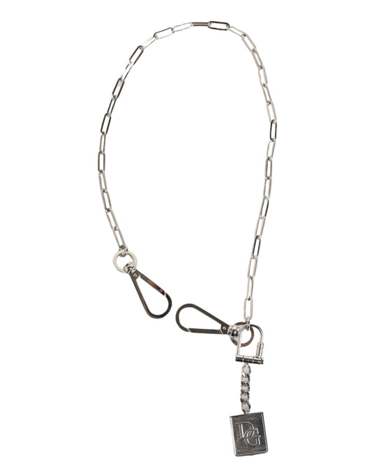 Dolce & Gabbana Silver Tone Metal Chain DG Logo Pendant Men Necklace - YSONA