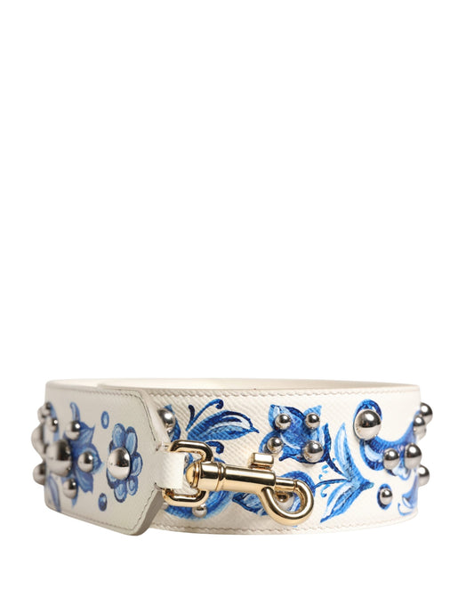 Dolce & Gabbana White Blue Floral Leather Stud Accessory Shoulder Strap - YSONA