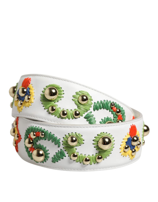 Dolce & Gabbana White Calfskin Raffia Embroidered Patchwork Shoulder Strap - YSONA