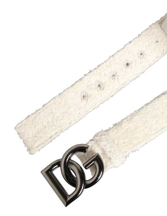 Dolce & Gabbana White Cotton Fleece DG Logo Metal Buckle Belt - YSONA