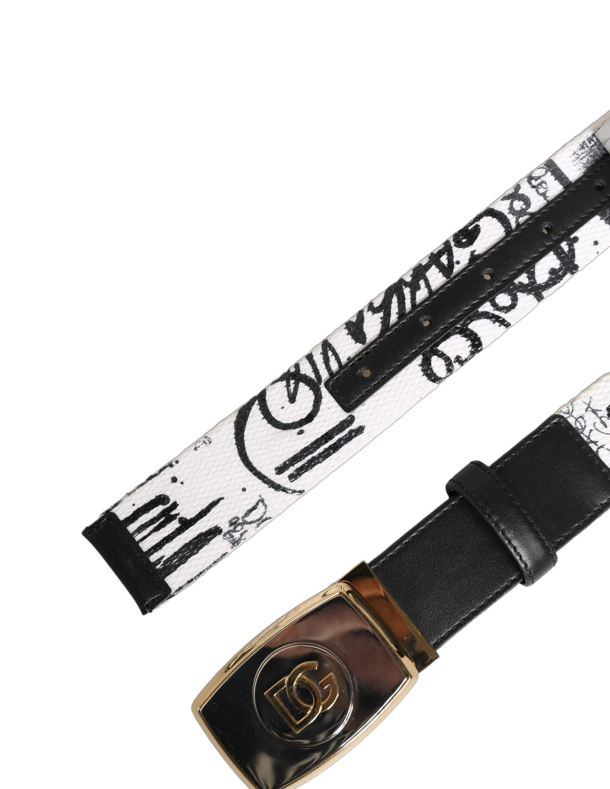 Dolce & Gabbana White Graffiti Print Gold Metal Buckle Belt - YSONA