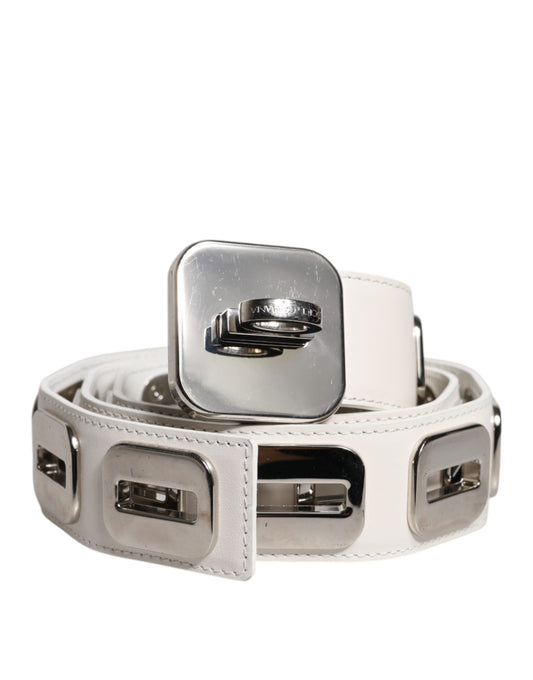 Dolce & Gabbana White Leather Gold Tone Rotating Buckle Belt - YSONA