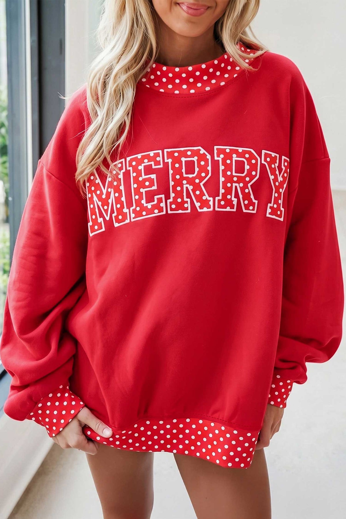 Dirty blue Polka Dot Letter Print Contrast Trim Mock Neck Sweatshirt