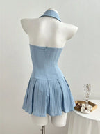YSONA Halter Neck Bow Tie Pleated Mini Dress — back view | Women's Dress | Shop YSONA
