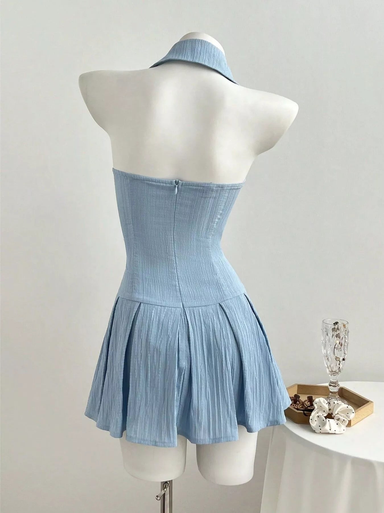 YSONA Halter Neck Bow Tie Pleated Mini Dress — back view | Women's Dress | Shop YSONA