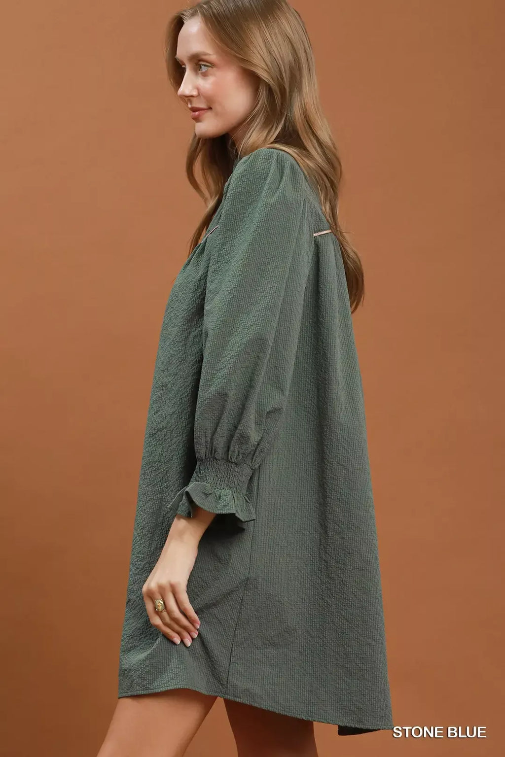 YSONA Umgee Textured Puff Sleeve Mini Dress — back view | Women's Dress | Shop YSONA
