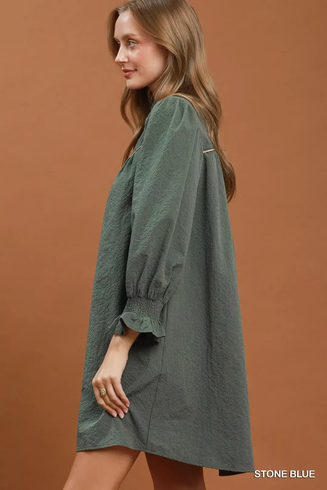 YSONA Umgee Textured Puff Sleeve Mini Dress — back view | Women's Dress | Shop YSONA