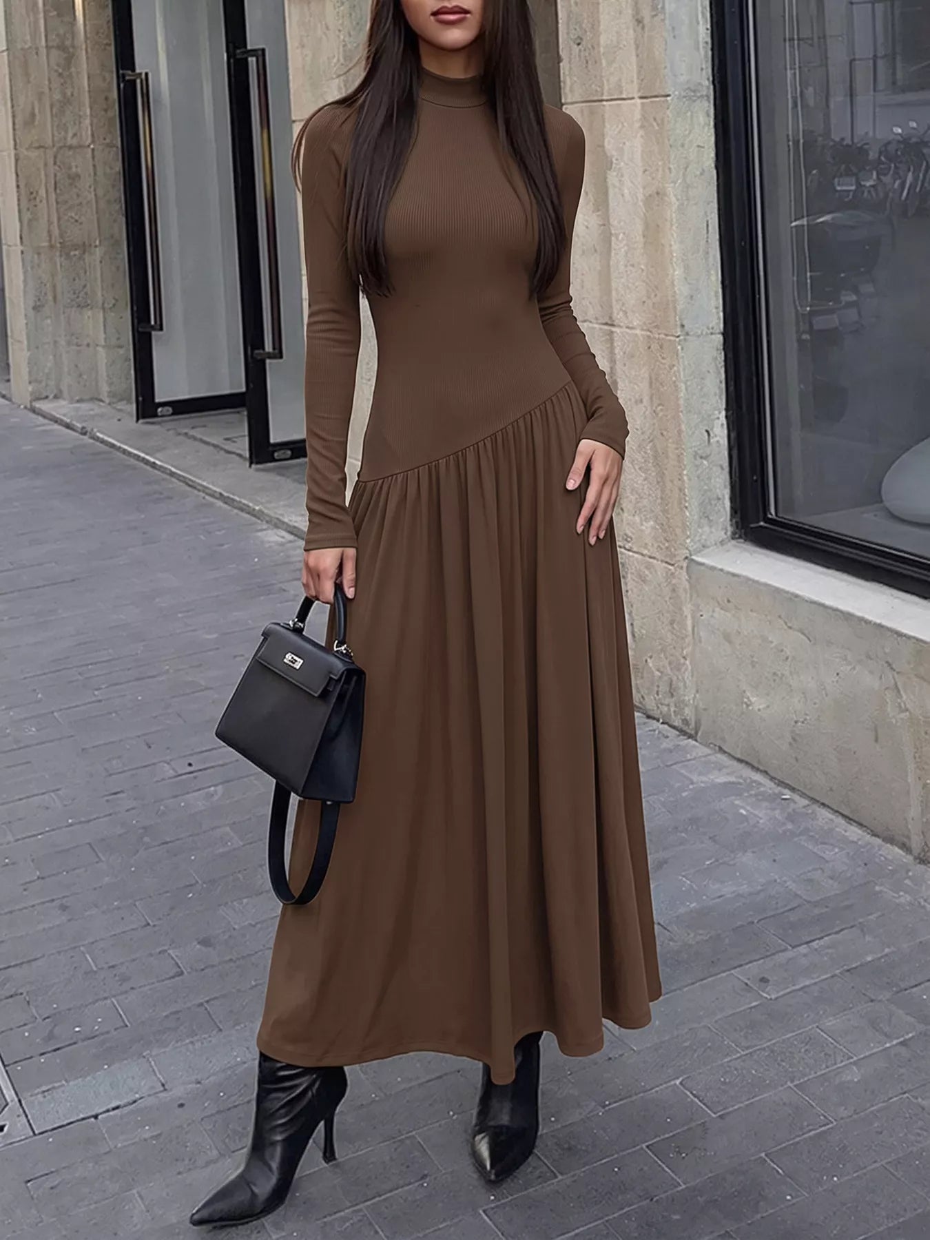 YSONA Mock Neck Long Sleeve Midi Dress — back view | Women's Dress | Shop YSONA