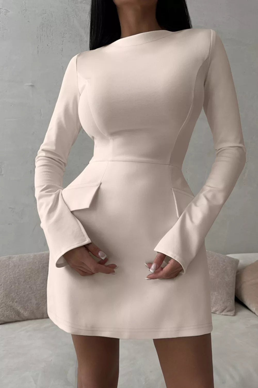 YSONA Long-Sleeve Mini Dress with Flap Pockets — front view | Women's Dress | Shop YSONA