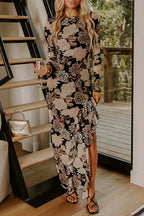 YSONA Floral Long Sleeve Asymmetric Ruffle Split Hem Mesh Dress — side view | Women's Dress
