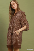 YSONA Umgee Mix Geometric Print V-Neck Tassel Detail Tunic Dress — back view | Women's Dress