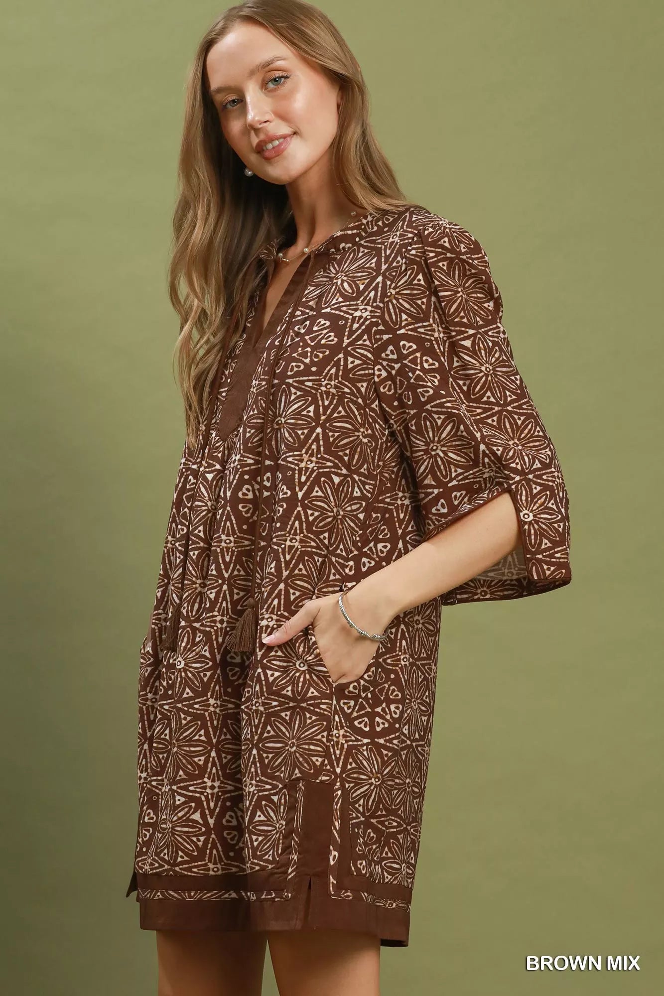 YSONA Umgee Mix Geometric Print V-Neck Tassel Detail Tunic Dress — back view | Women's Dress