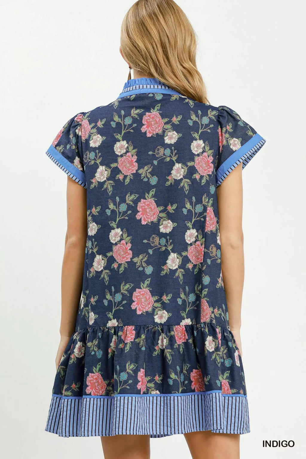 YSONA Umgee Floral Contrast Trim Ruffle Hem Mini Dress — side view | Women's Dress | Shop YSONA