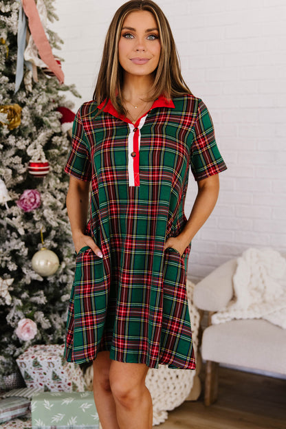 Green Plaid Button Front Short Sleeve Shift Dress