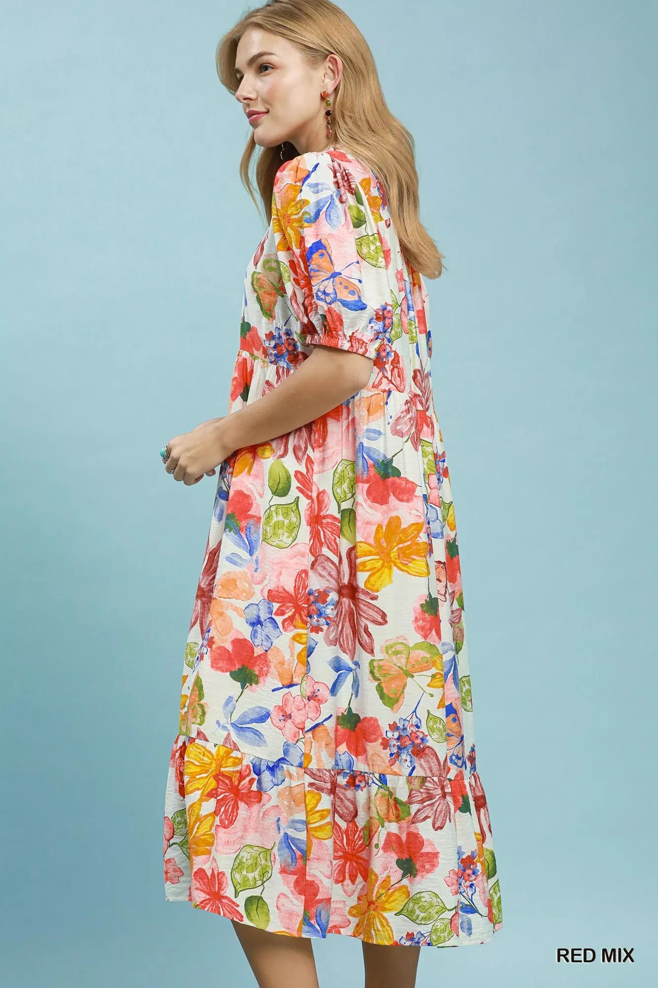 YSONA Umgee Watercolor Floral Tiered Midi Dress — back view | Women's Dress | Shop YSONA