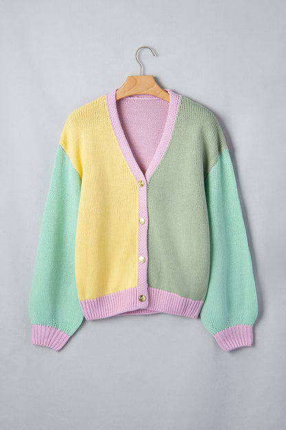Yellow V Neck Drop Shoulder Patchwork Regular Wash Knitwear Cardigan