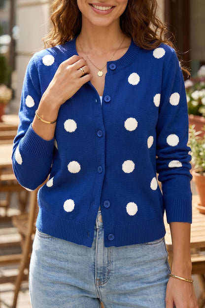 Yellow Cream Casual Polka Dot Button Front Long Sleeve Sweater Cardigan