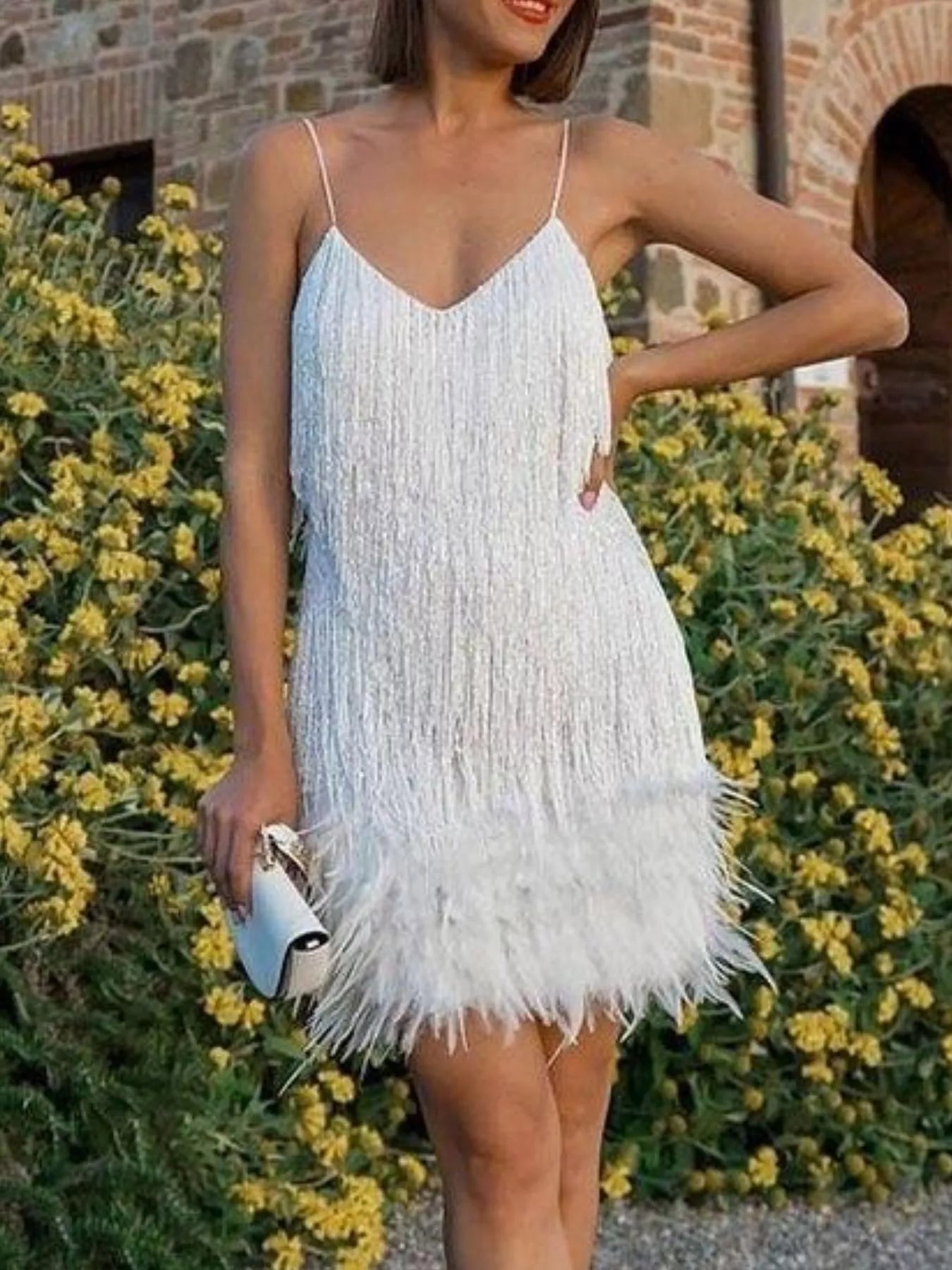 YSONA Full Size Sequin and Feather Fringe Mini Dress Plus Size — side view | Women's Dress