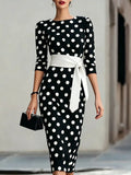 YSONA Full Size Polka Dot 3/4 Sleeve Dress Plus Size — front view | Women's Dress | Shop YSONA