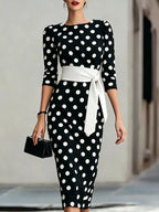 YSONA Full Size Polka Dot 3/4 Sleeve Dress Plus Size — front view | Women's Dress | Shop YSONA