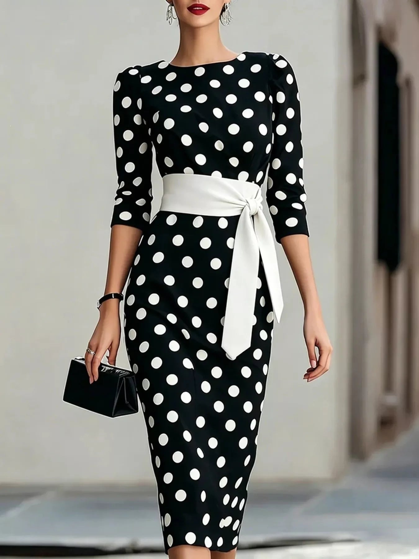 YSONA Full Size Polka Dot 3/4 Sleeve Dress Plus Size — front view | Women's Dress | Shop YSONA