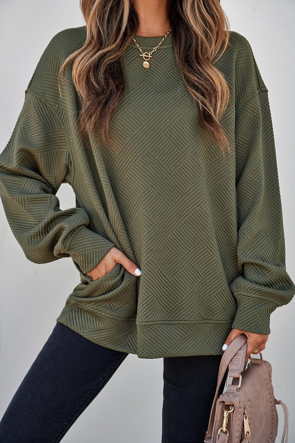 Parchment Solid Color Textured Round Neck Drop Shoulder Pullover Sweatshirt